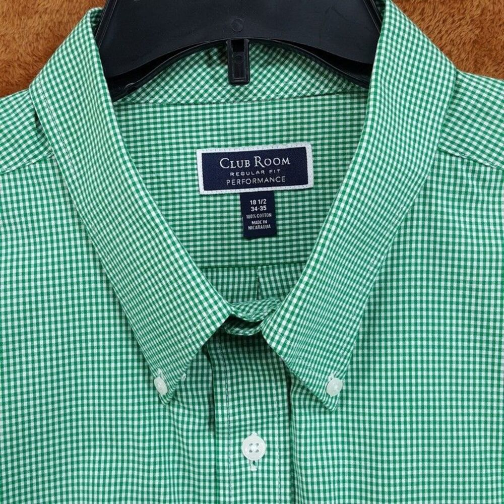 CLUB ROOM Dress Shirt Mens Size 18.5 34 35 Green Gingham Check Regular Fit